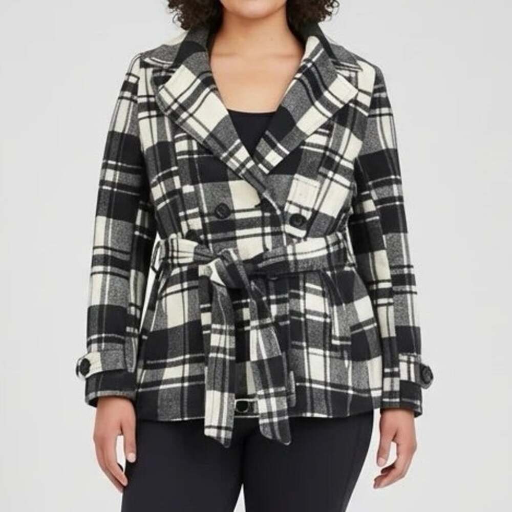 IKE BEHAR Brown Plaid Belted Fleece Jacket Size L Long Sleeves Coat